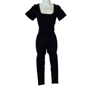 Ribbed Knit Short Sleeve Full Length Body Jumpsuit Medium Black Square Neckline